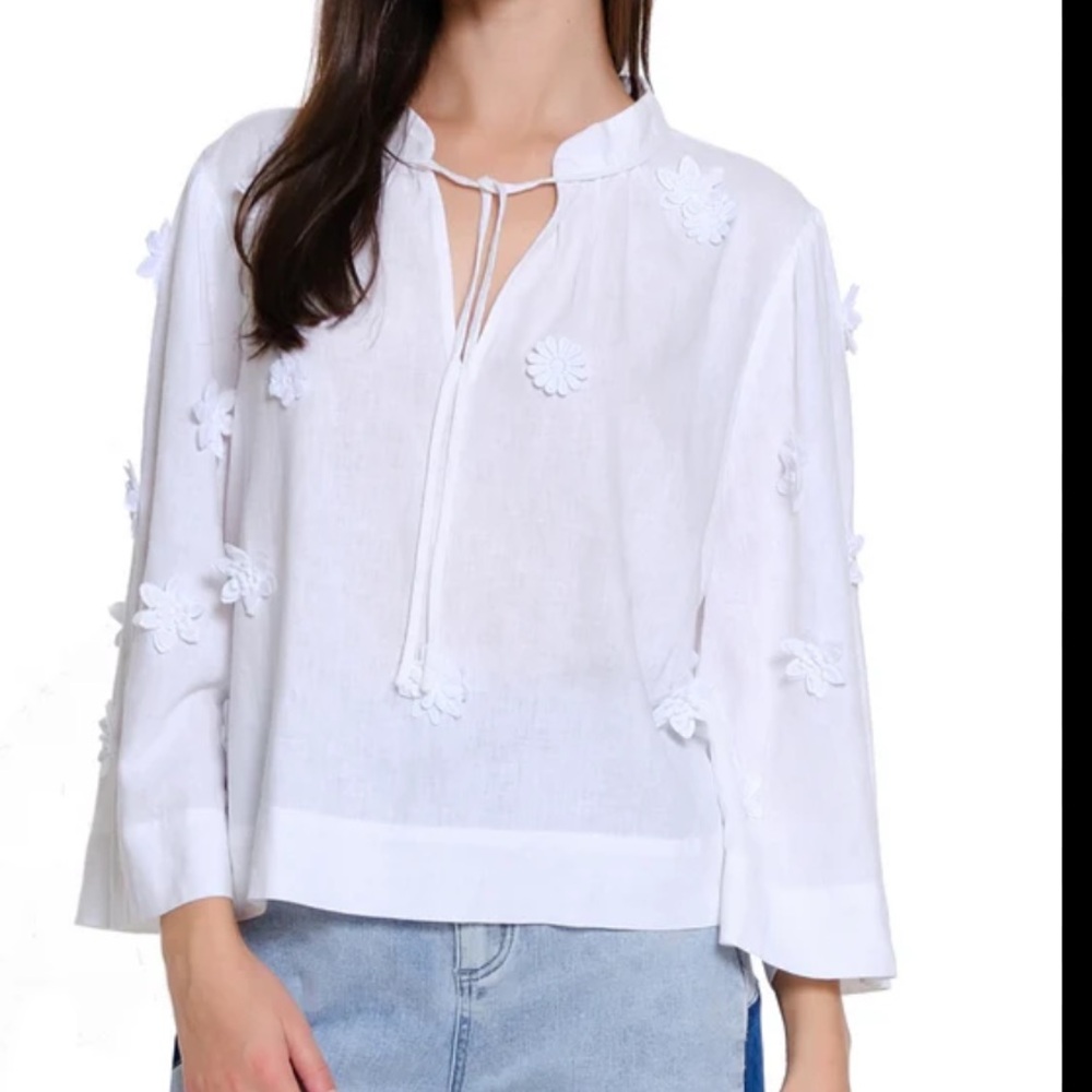 LOFT White Linen Floral Embellished Popover Blouse Small NWT New!